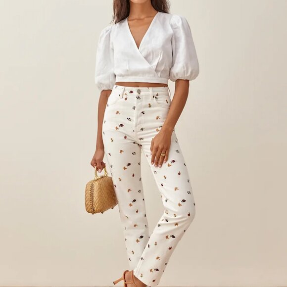 Reformation Cynthia Fruitloops High Rise White Embroidered Straight Jeans Sz 24 - Picture 1 of 9